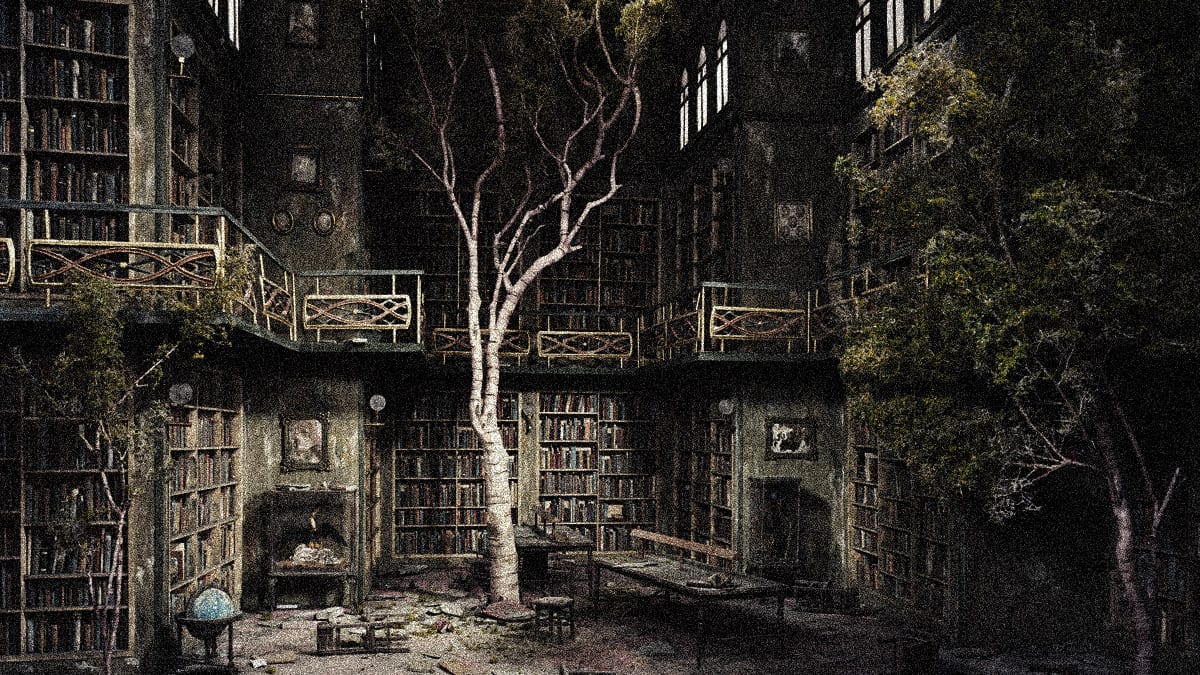 creepy abandoned castle library 1700 night